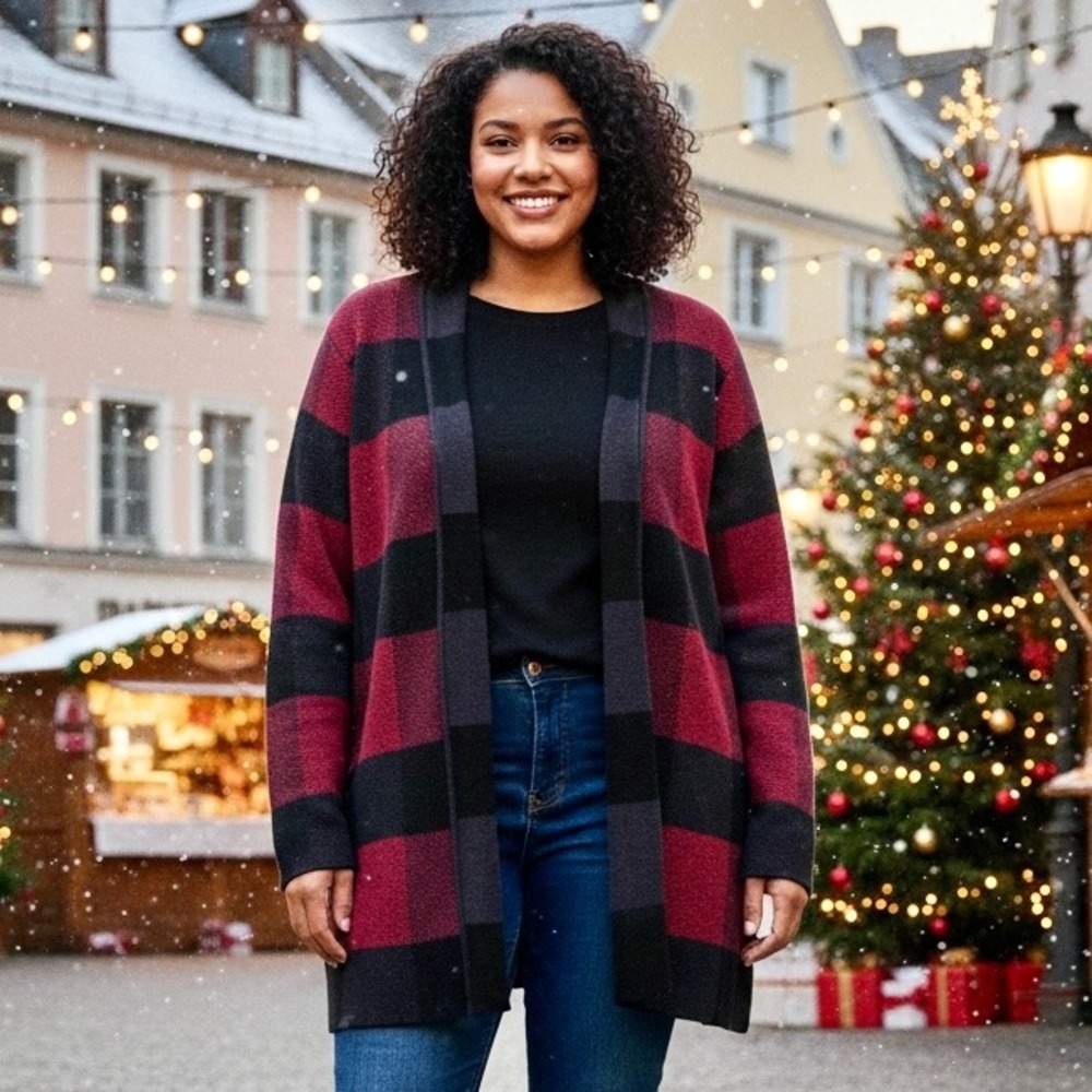 ModCloth Red Black Buffalo Plaid Open Front Cardigan Sweater Plus 4X Cotton‎